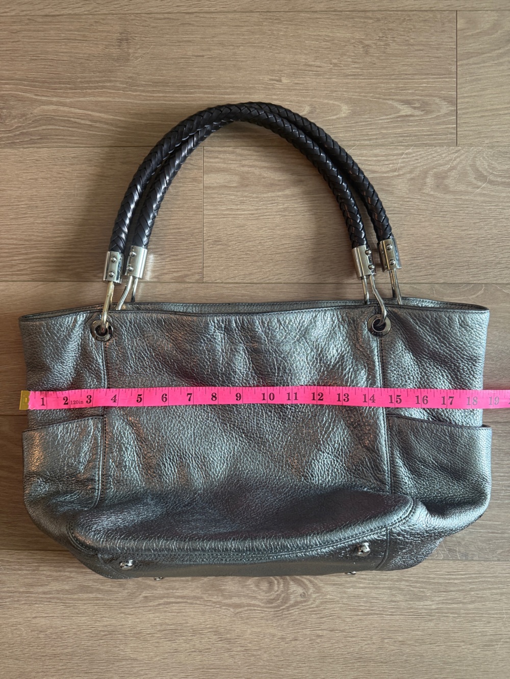 Michael Kors Skorpios Metallic Silver Leather Tote Bag Purse with Braided Handle - Picture 12 of 12